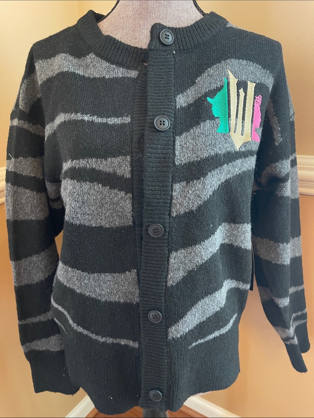 Black & Gray Striped Button Cardigan with Wicked Color Patch